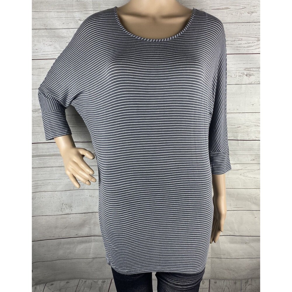 Vanity Tunic Shirt Gray White Striped Soft Rayon Blend Dolman Sleeve Top